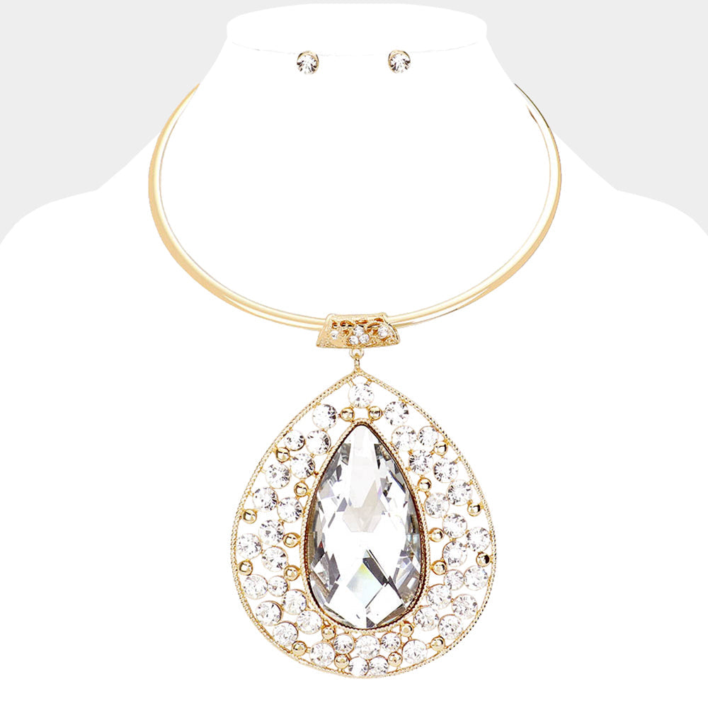 Teardrop Centered Bubble Stone Cluster Choker Evening Necklace