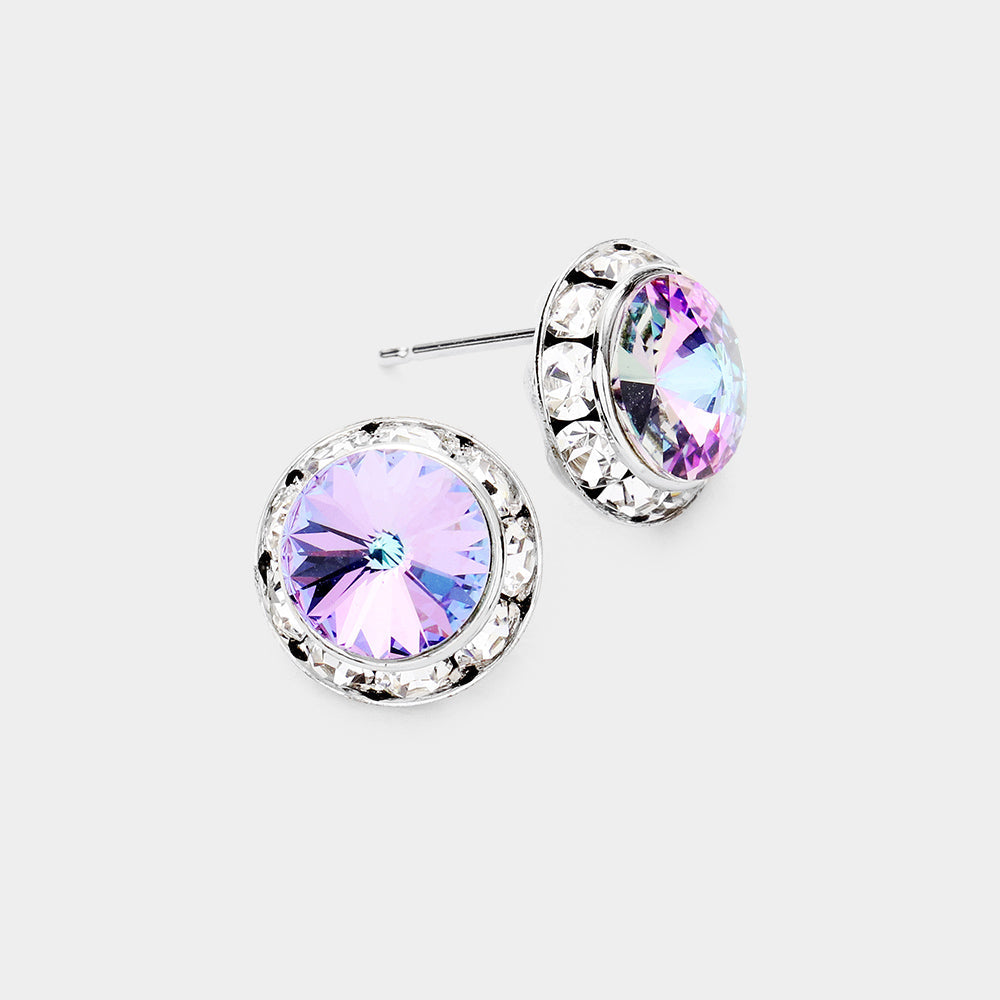 Women's Rivoli Cut Genuine Crystal Round Stud Earrings