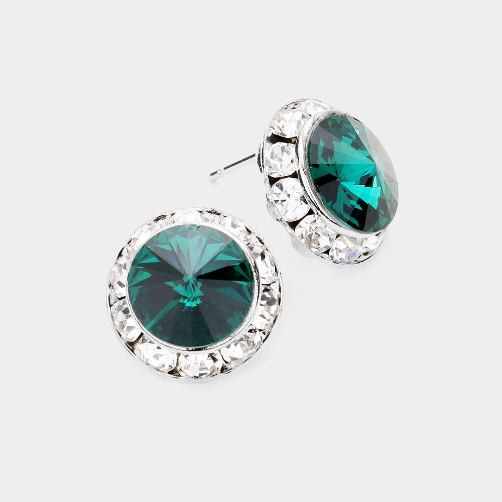 Women's Rivoli Cut Genuine Crystal Round Stud Earrings
