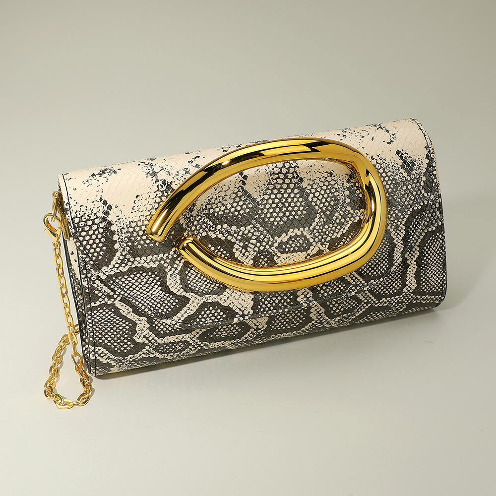 Bold Hardware Accent Snake Pattern Faux Leather Evening Clutch Bag Crossbody Bag