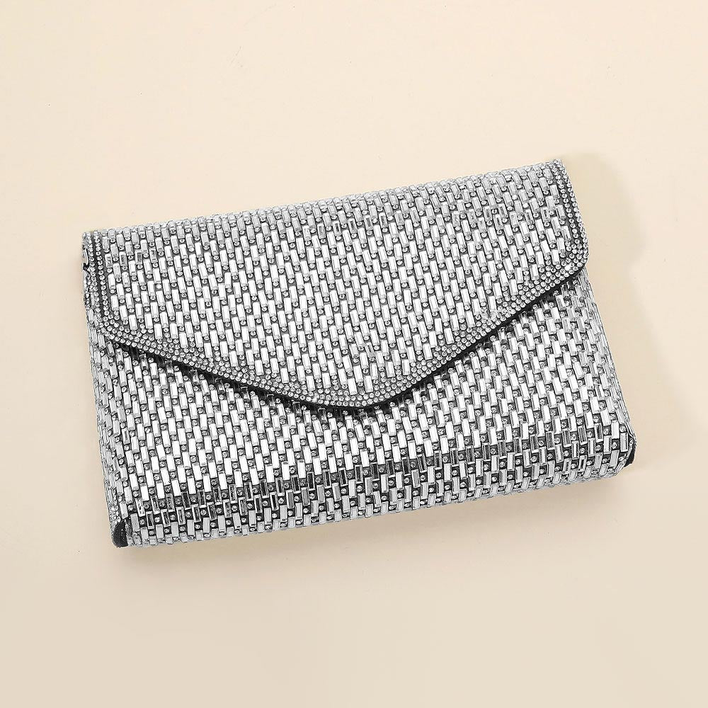 Elegant Baguette Round Stone Bling Studded Envelope Evening Clutch Crossbody Bag