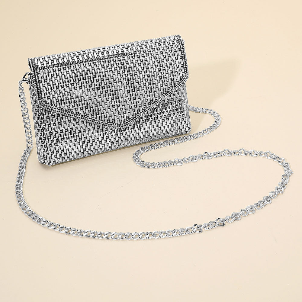 Elegant Baguette Round Stone Bling Studded Envelope Evening Clutch Crossbody Bag