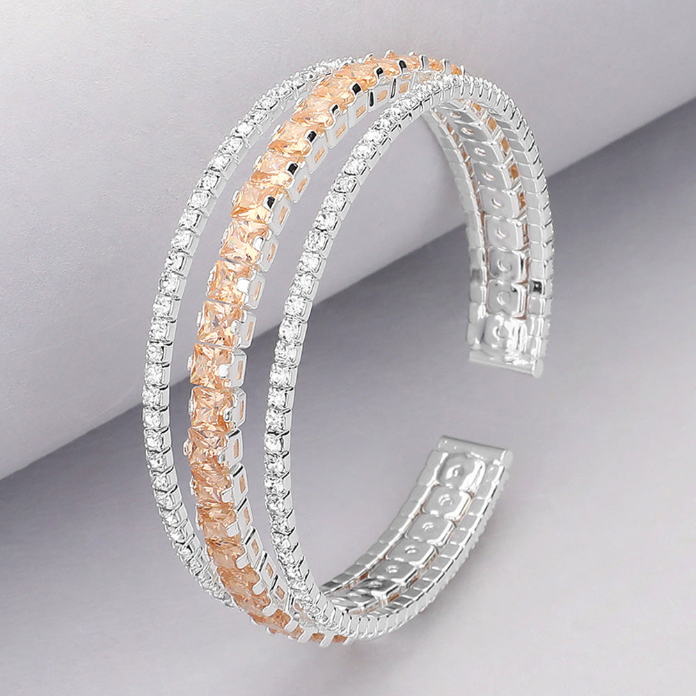 Square Cut CZ Stone Accented Split Evening Bracelet