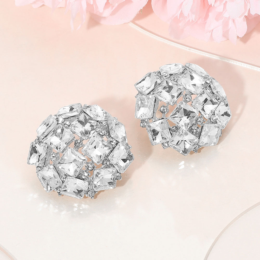 Square Stone Cluster Embellished Dome Evening Earrings