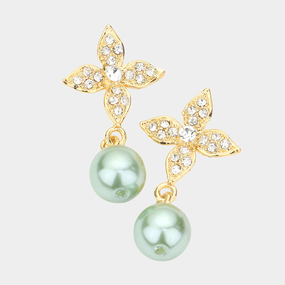 Elegant Floral Motif Crystal Pearl Drop Earrings