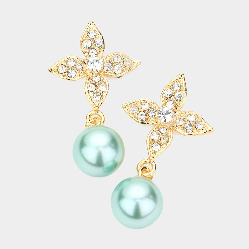Elegant Floral Motif Crystal Pearl Drop Earrings