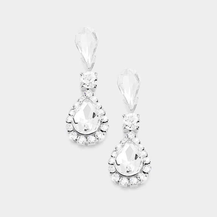 Stone Trim Crystal Teardrop Dangle Evening Earrings