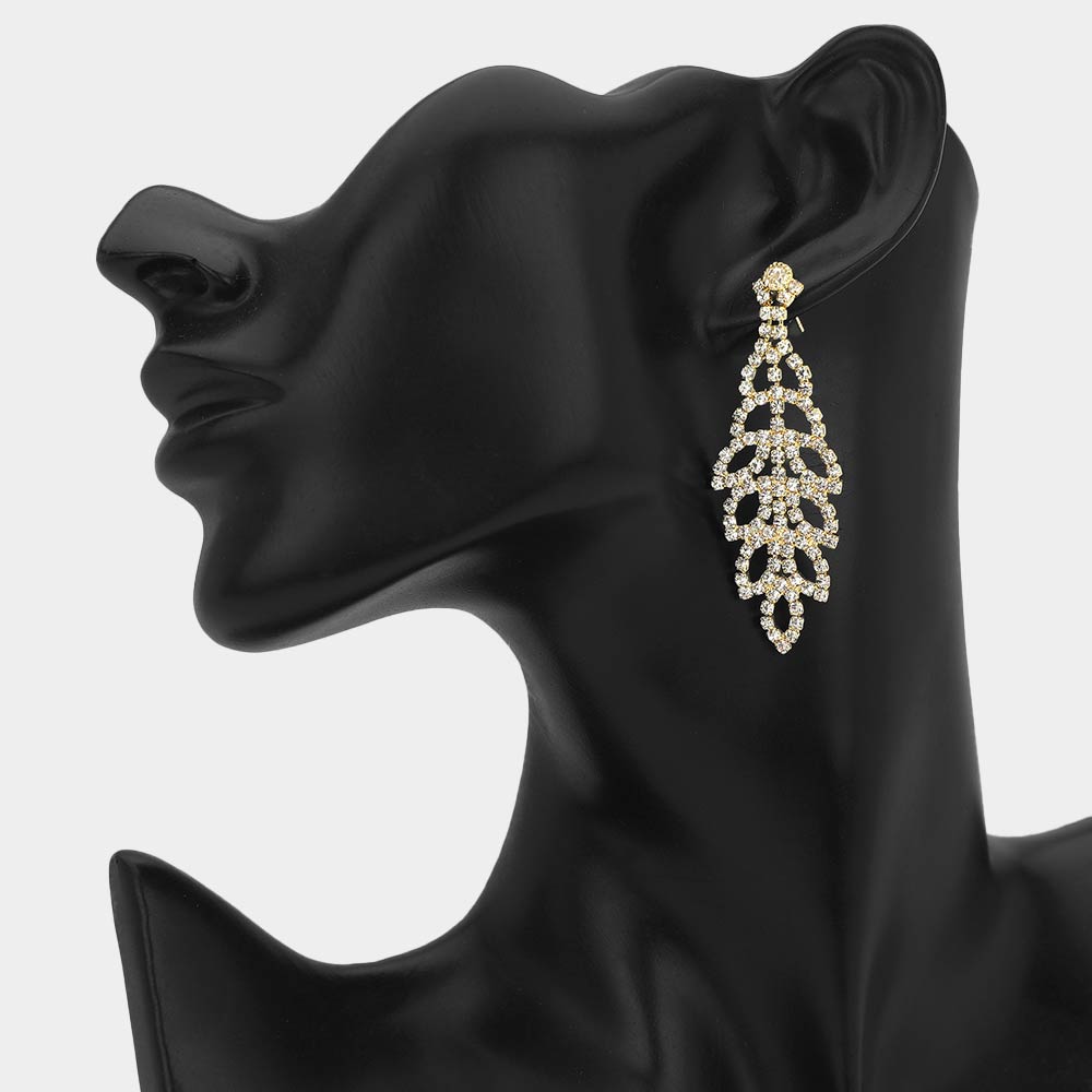 Rhinestone Pave Leaf Pattern Drop Evening Earrings