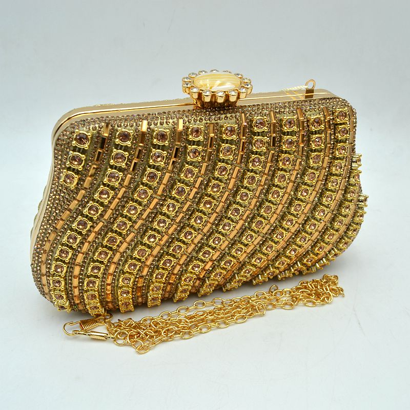Rhinestone Evening Clutch Bag with Wavy Gold Trim and Chain Strap