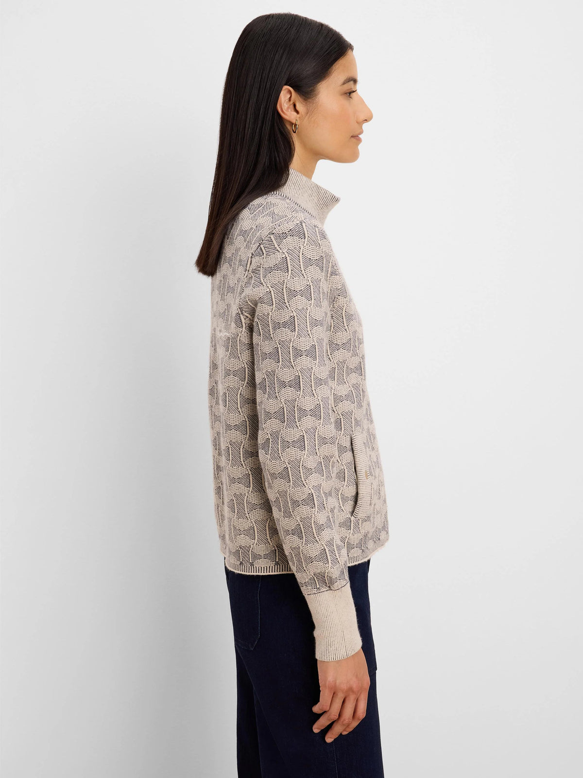 Dapper Swirl Knit Jacket in cream and charcoal swirl jacquard, side view
