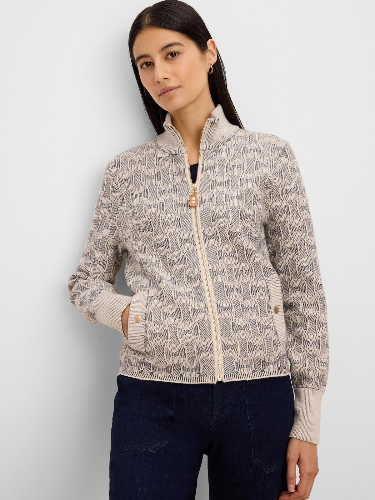 NIC+ZOE Dapper Swirl Knit Jacket in Neutral Multi, front view