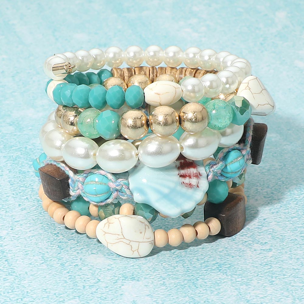 Pearl Wooden COastal Charm Beaded Adjustable Coil Statement Bracelet