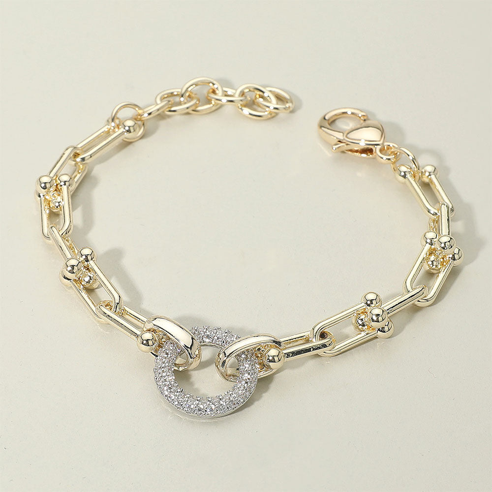 14K Gold Plated CZ Stone Paved Ring Accent Industrial Chain Link Bracelet