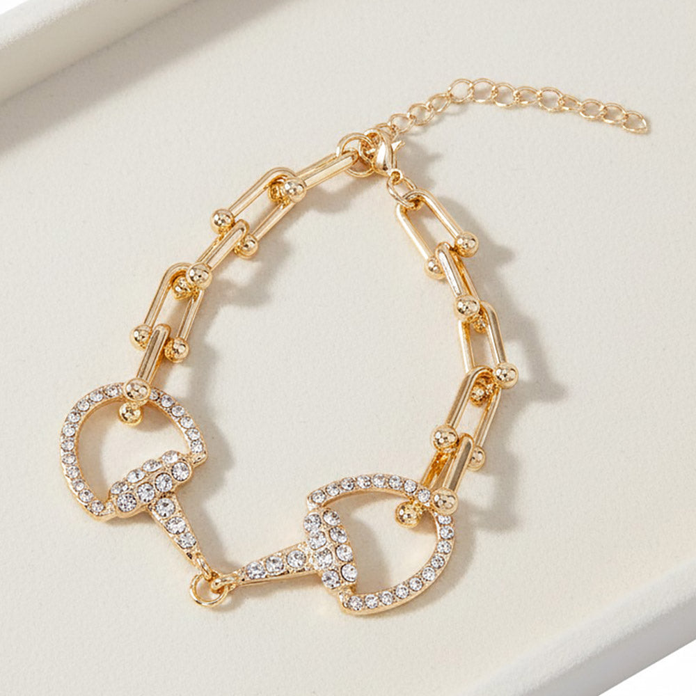 Gold Plated Hypoallergenic Rhinestone Pave Horsebit Accent Industrial Link Chain Bracelet
