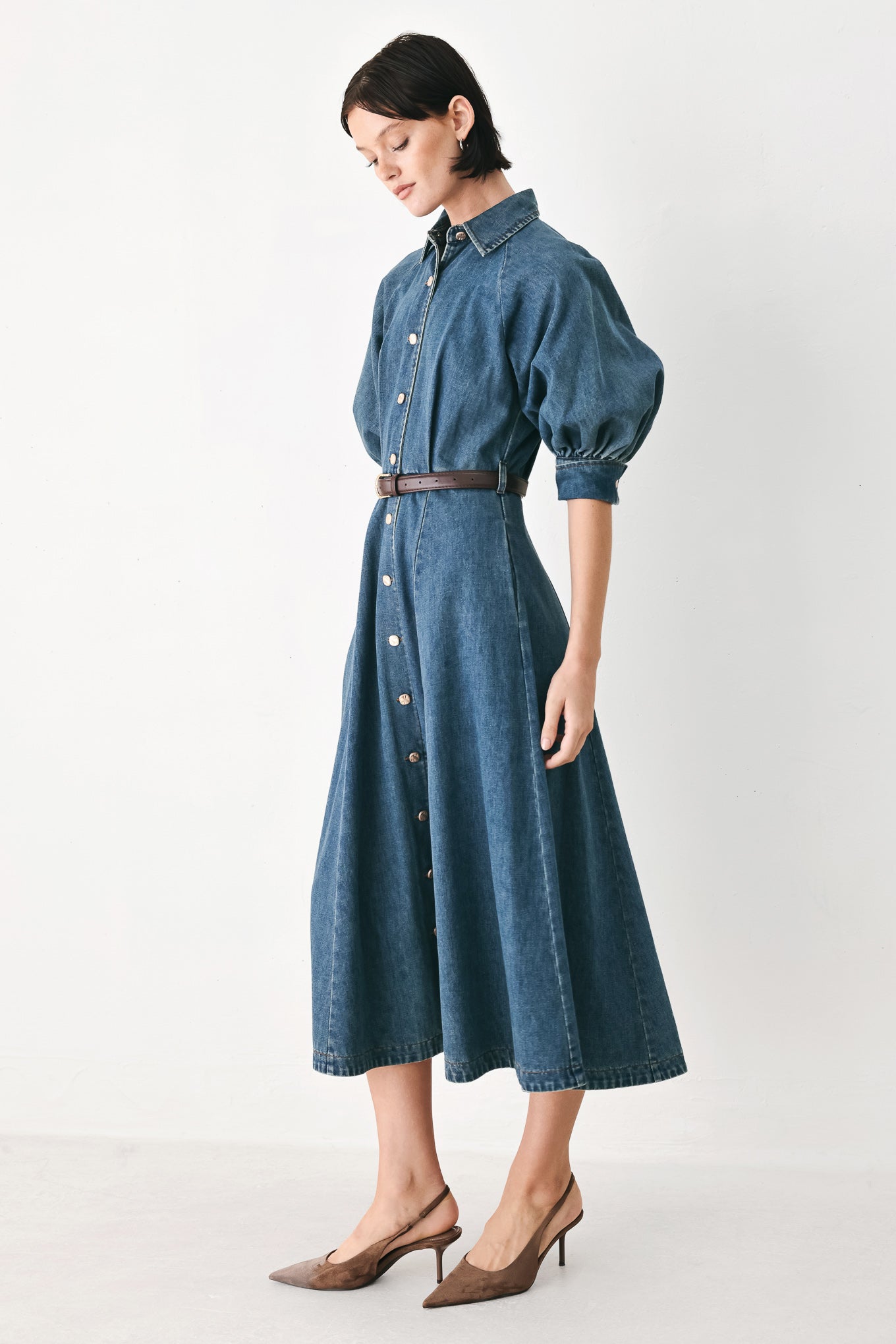 DIVIDE AND CONTOUR DENIM MIDI DRESS