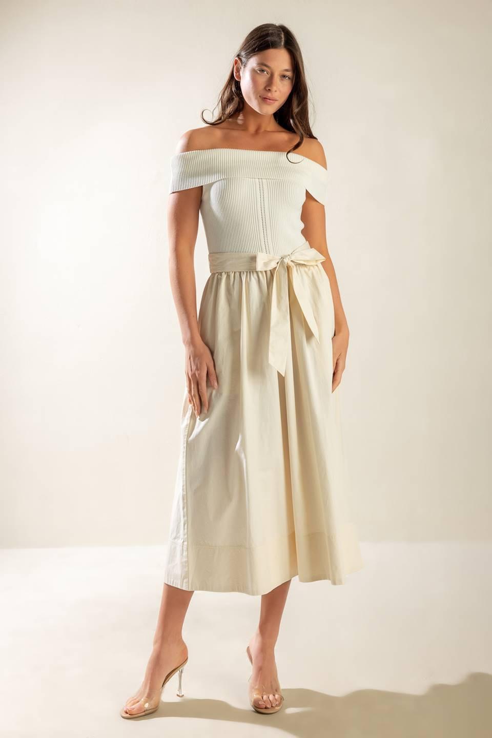 SOCIAL SEASON OFF SHOULDER MIDI DRESS