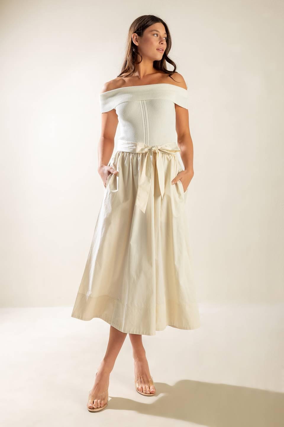 SOCIAL SEASON OFF SHOULDER MIDI DRESS