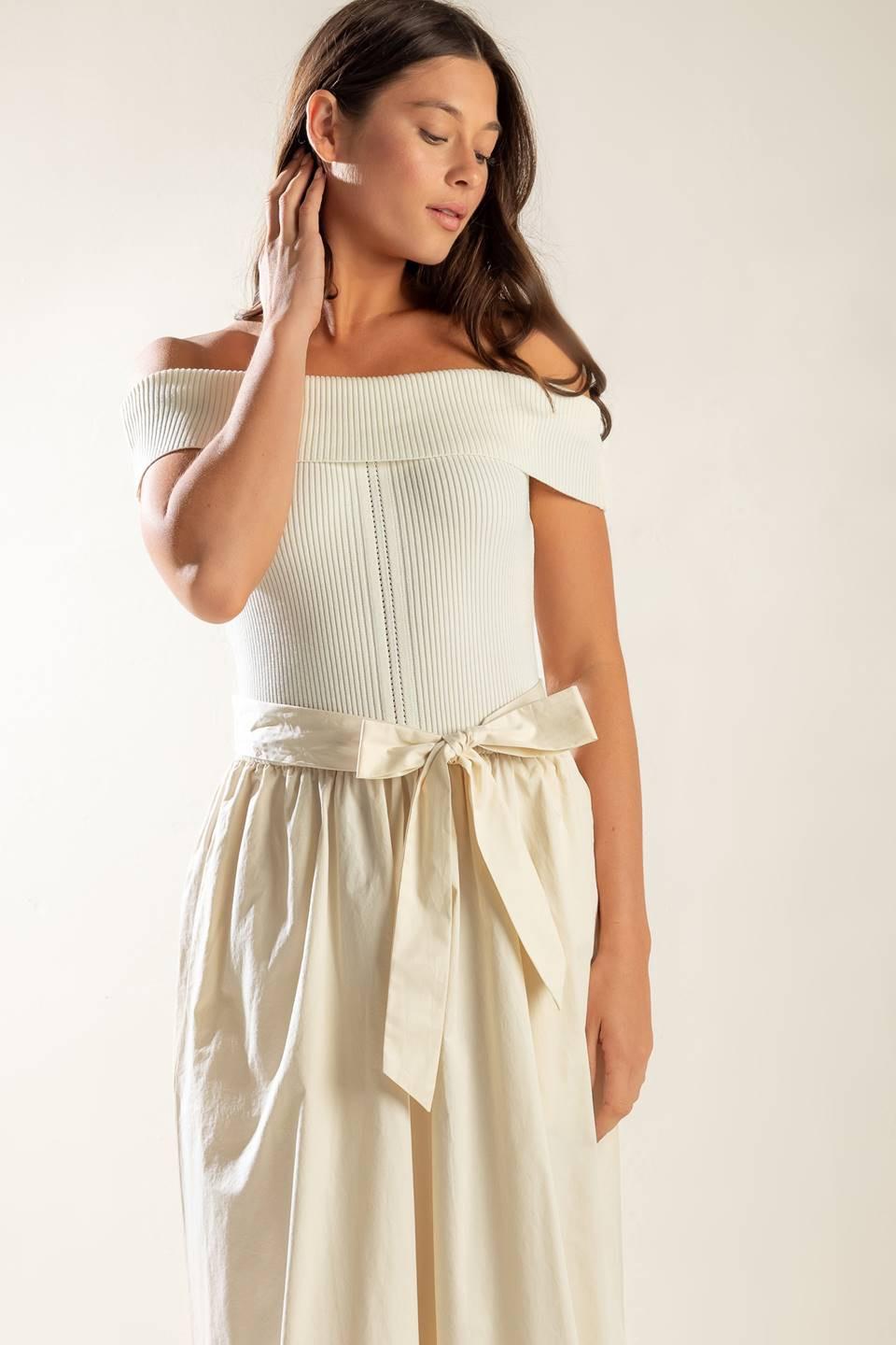 SOCIAL SEASON OFF SHOULDER MIDI DRESS
