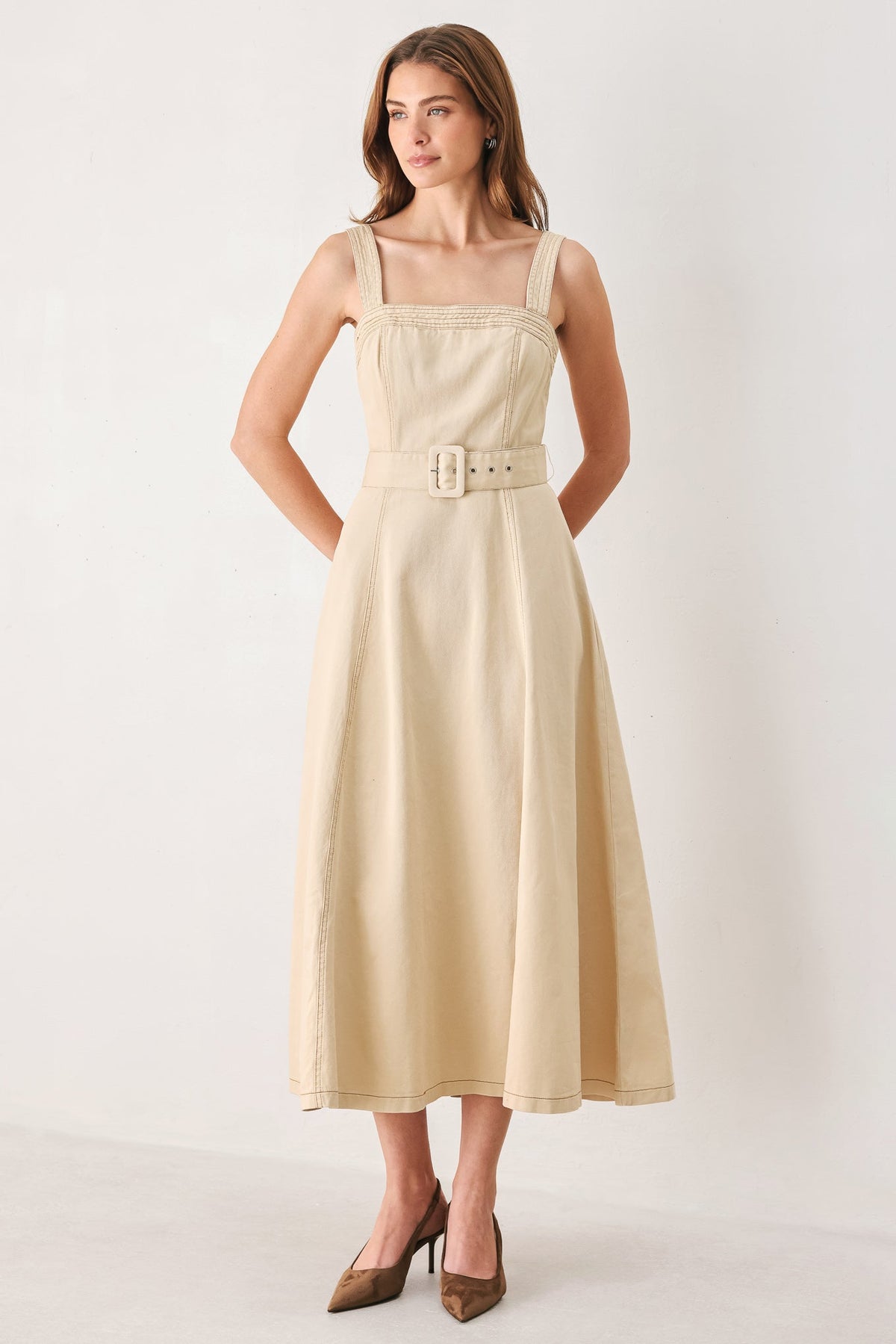 ELEVATED NEUTRAL WOVEN MIDI DRESS