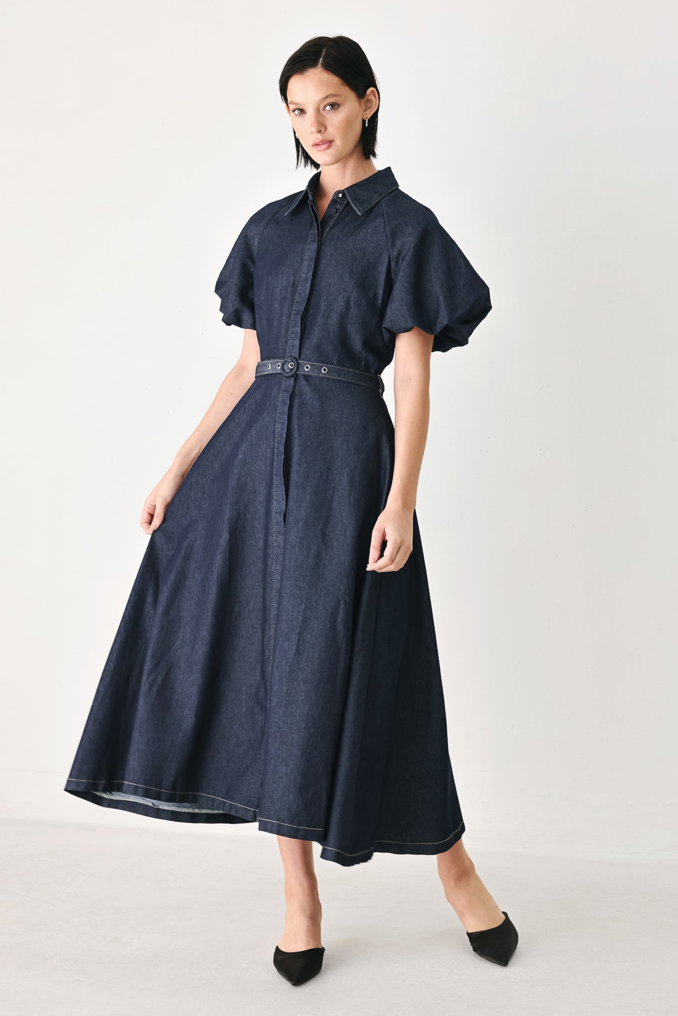 MIDNIGHT IN MANHATTAN DENIM MIDI DRESS