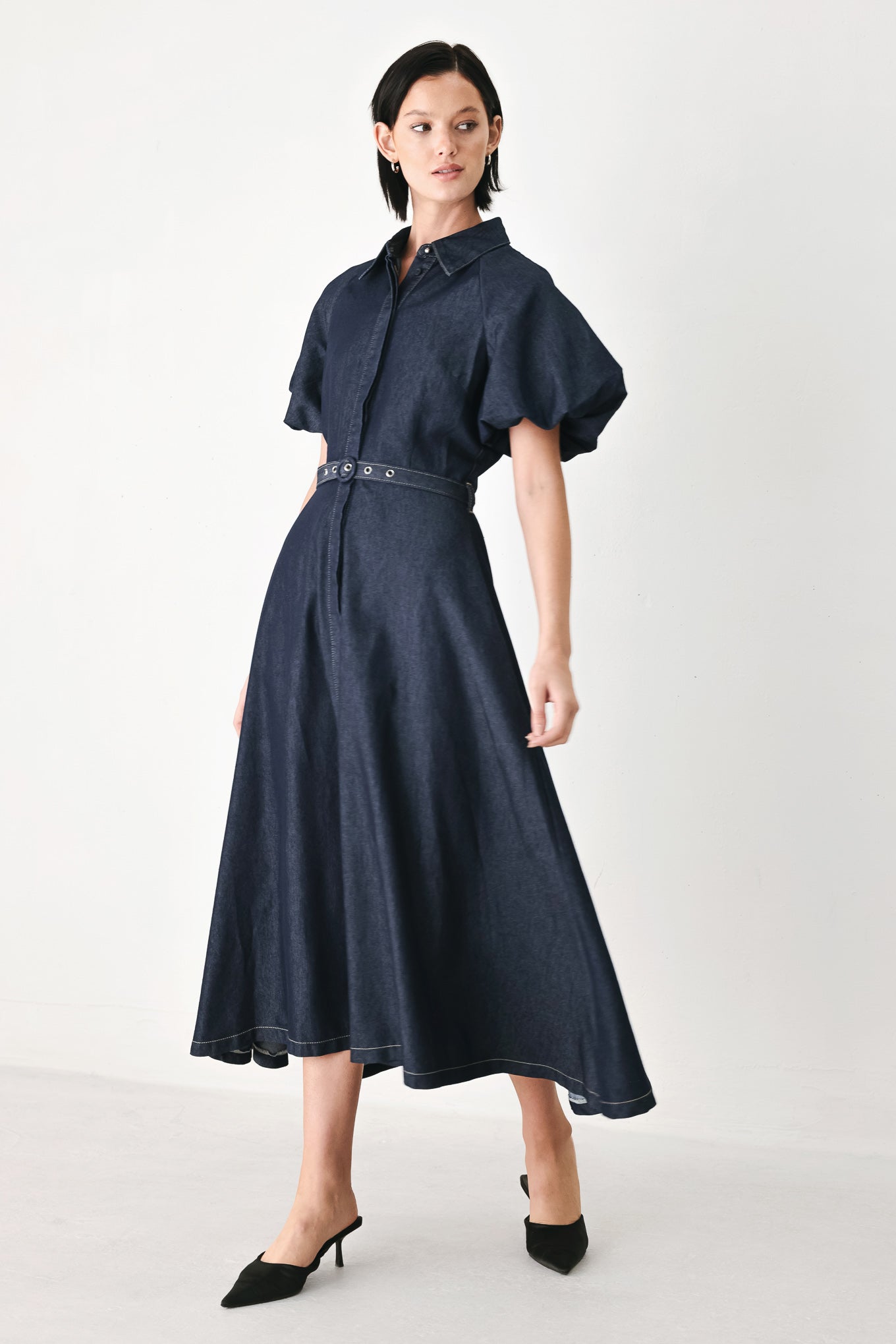 MIDNIGHT IN MANHATTAN DENIM MIDI DRESS