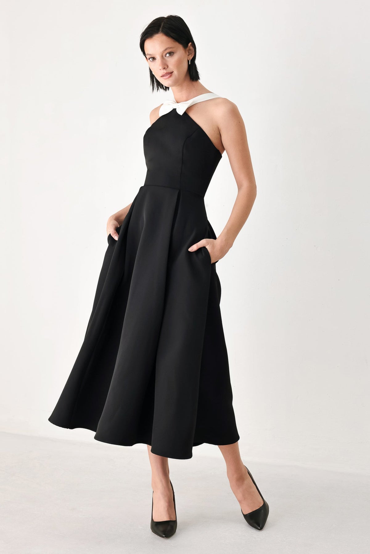 BLACK TIE AFFAIR HALTER WOVEN MIDI DRESS
