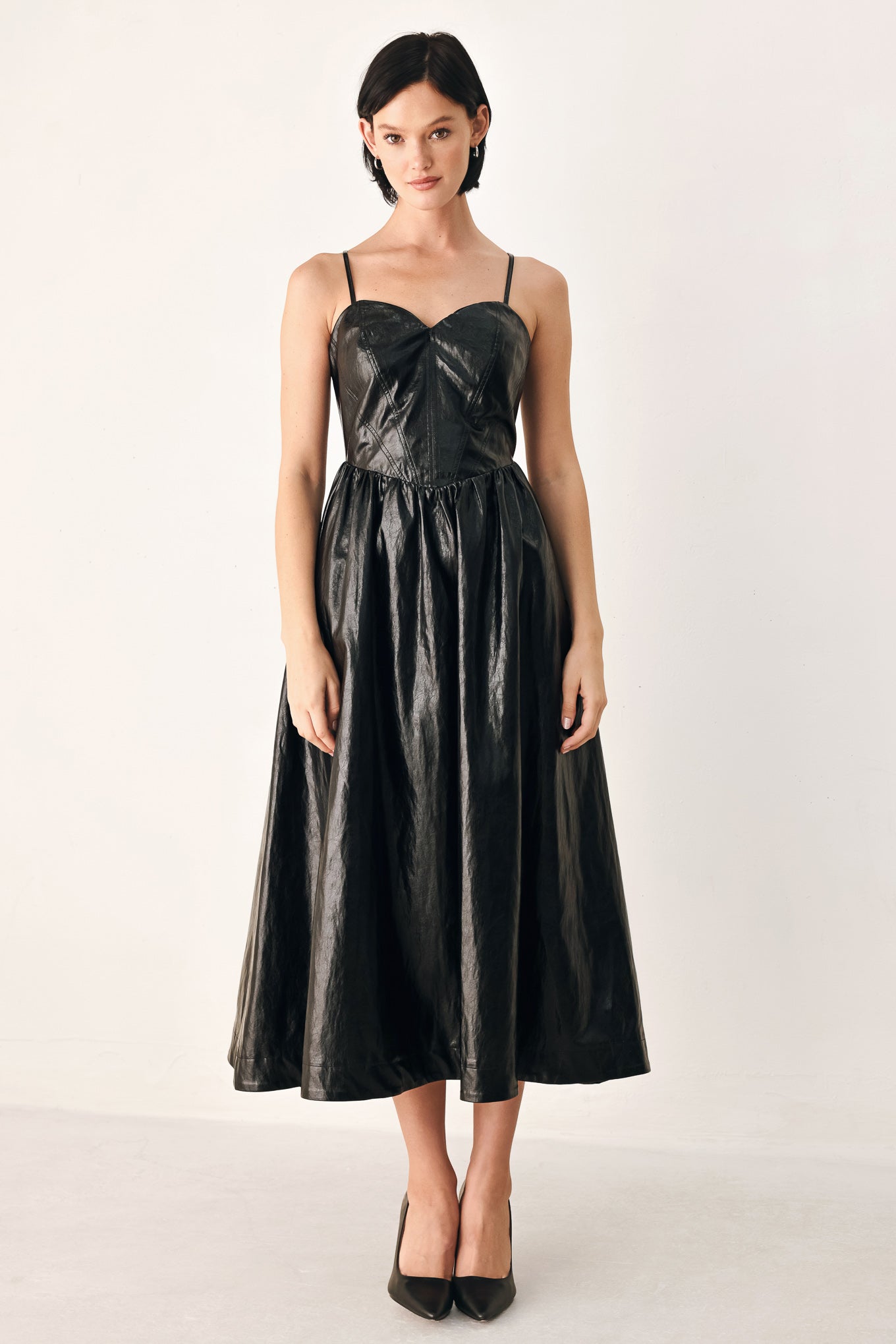DRESSED TO THRILL FAUX LEATHER MIDI DRESS
