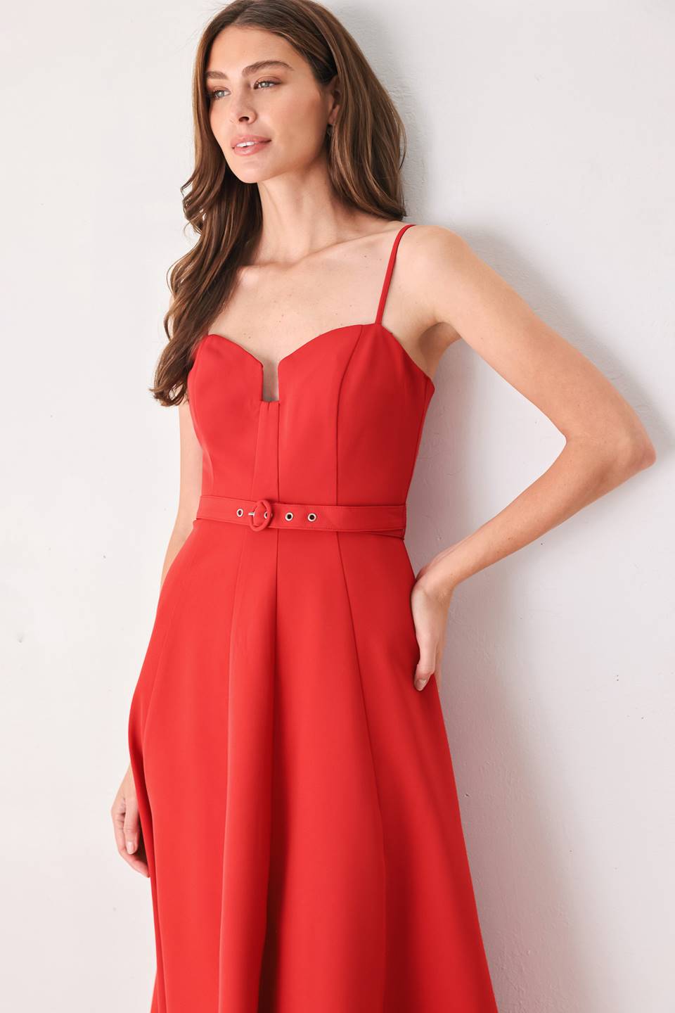 SCARLET PROMISE RED SWEETHEART BELTED MIDI DRESS