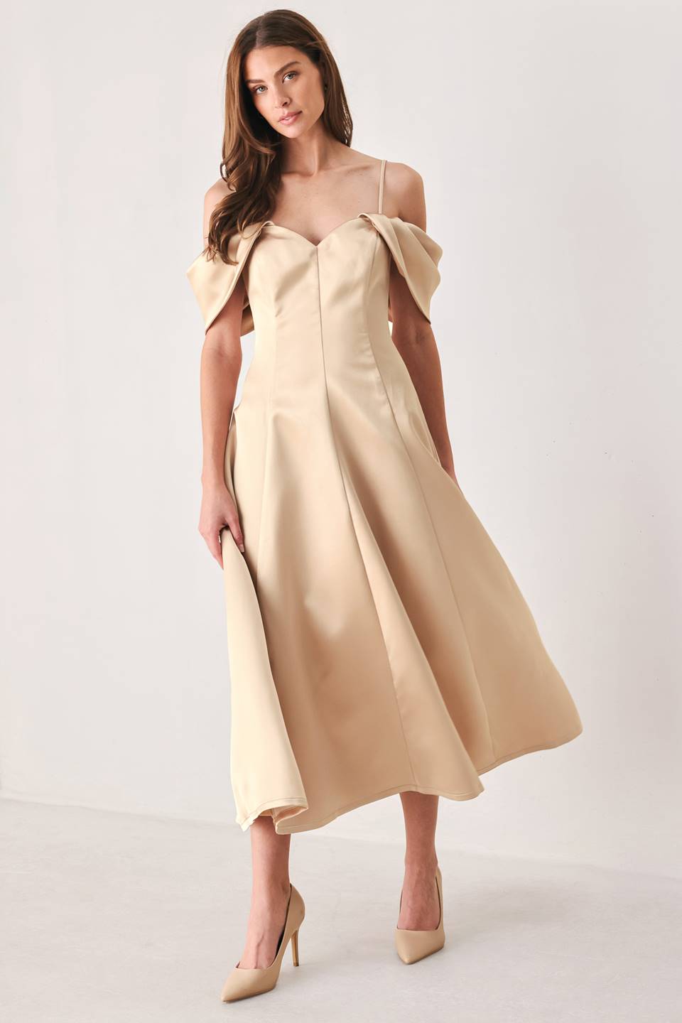 CHAMPAGNE ROMANCE CHAMPAGNE PINK OFF-SHOULDER MIDI DRESS