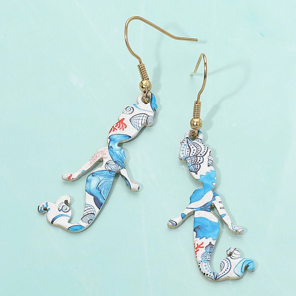 Sea Life Pattern Printed Metal Mermaid Dangle Earrings