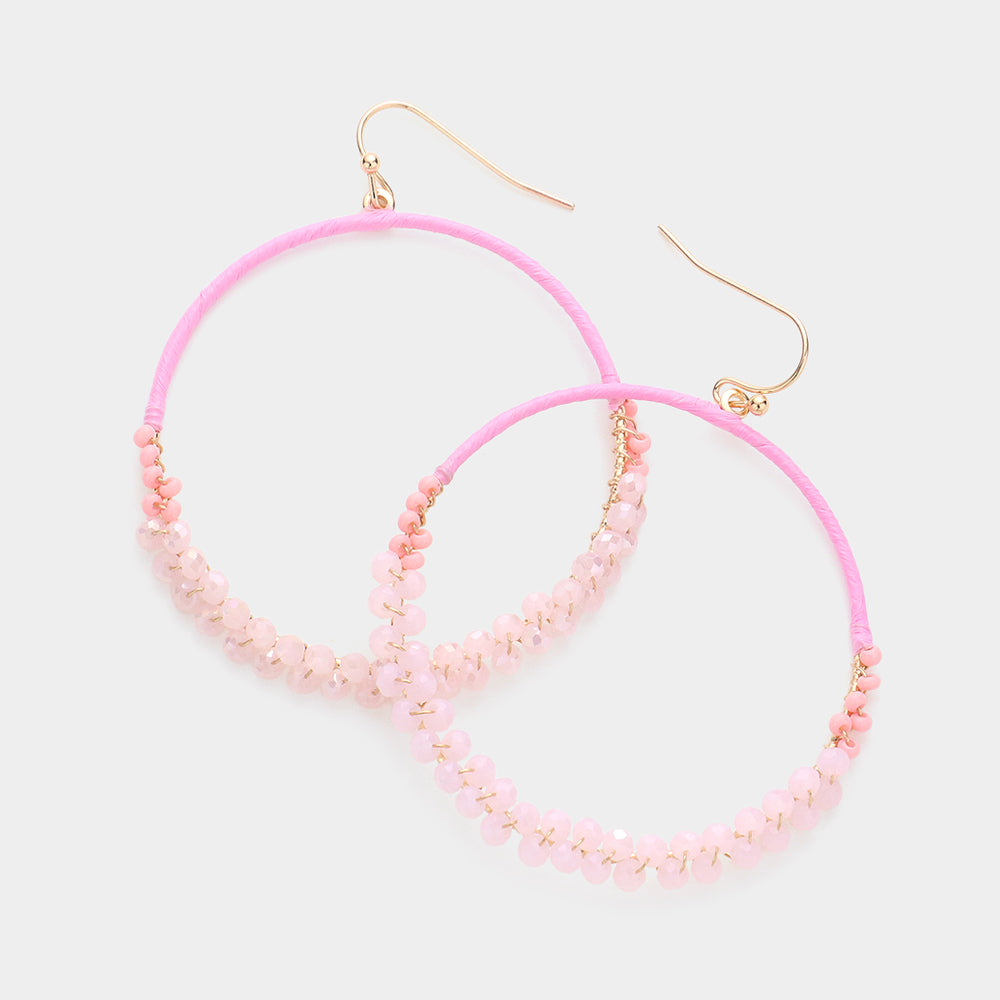 Raffia Faceted Bead Wrapped Open Metal Circle Dangle Earrings