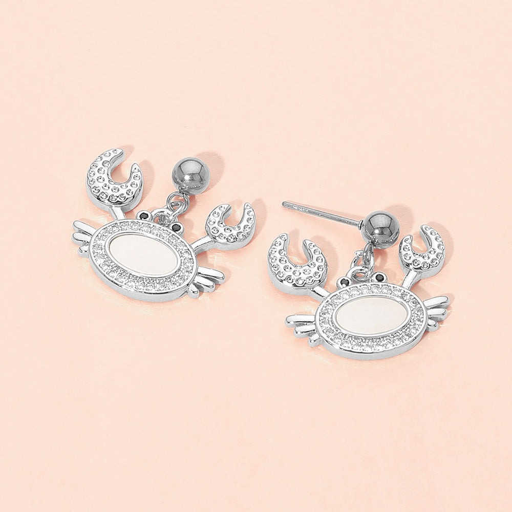 Stainless Steel Mother of Pearl CZ Stone Paved Crab Charm Dangle Earrings