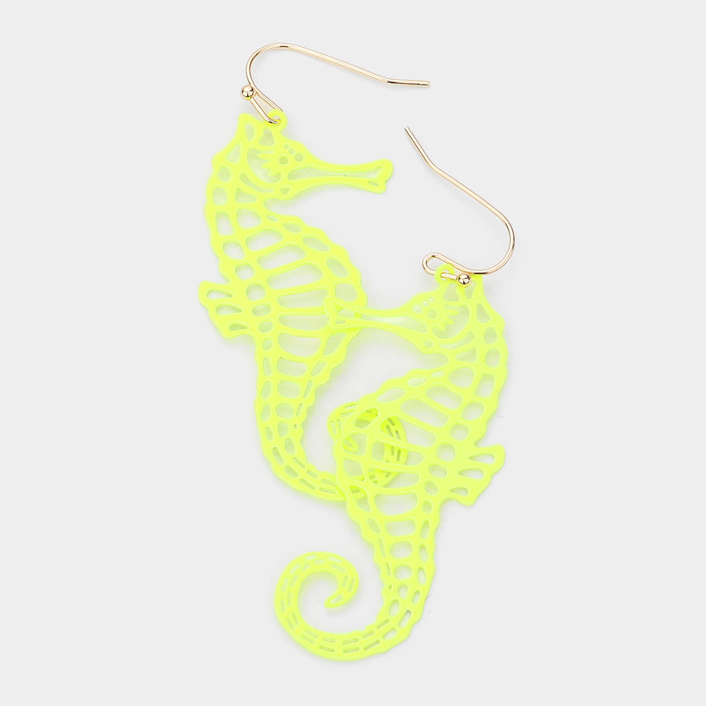 Brass Metal Cutout Seahorse Dangle Earrings