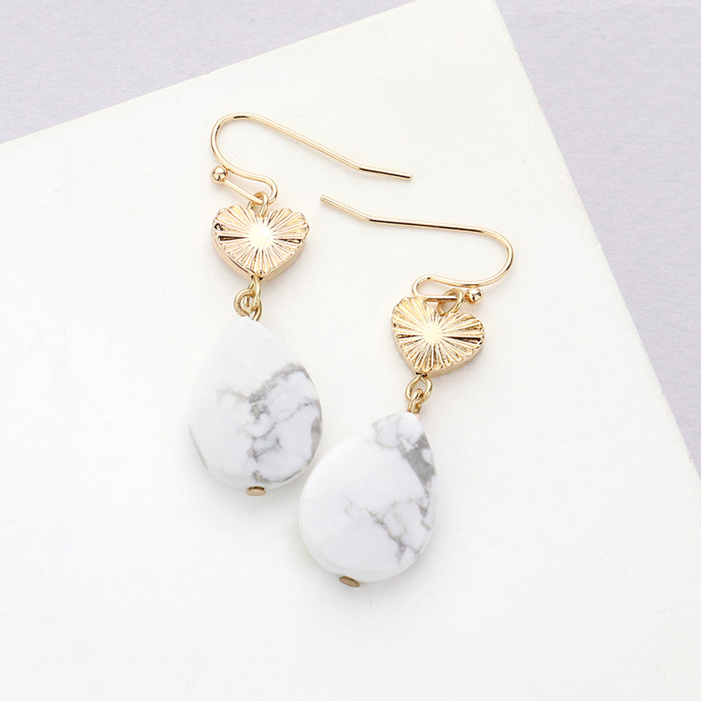 Metal Heart Teardrop Natural Stone Link Dangle Earrings