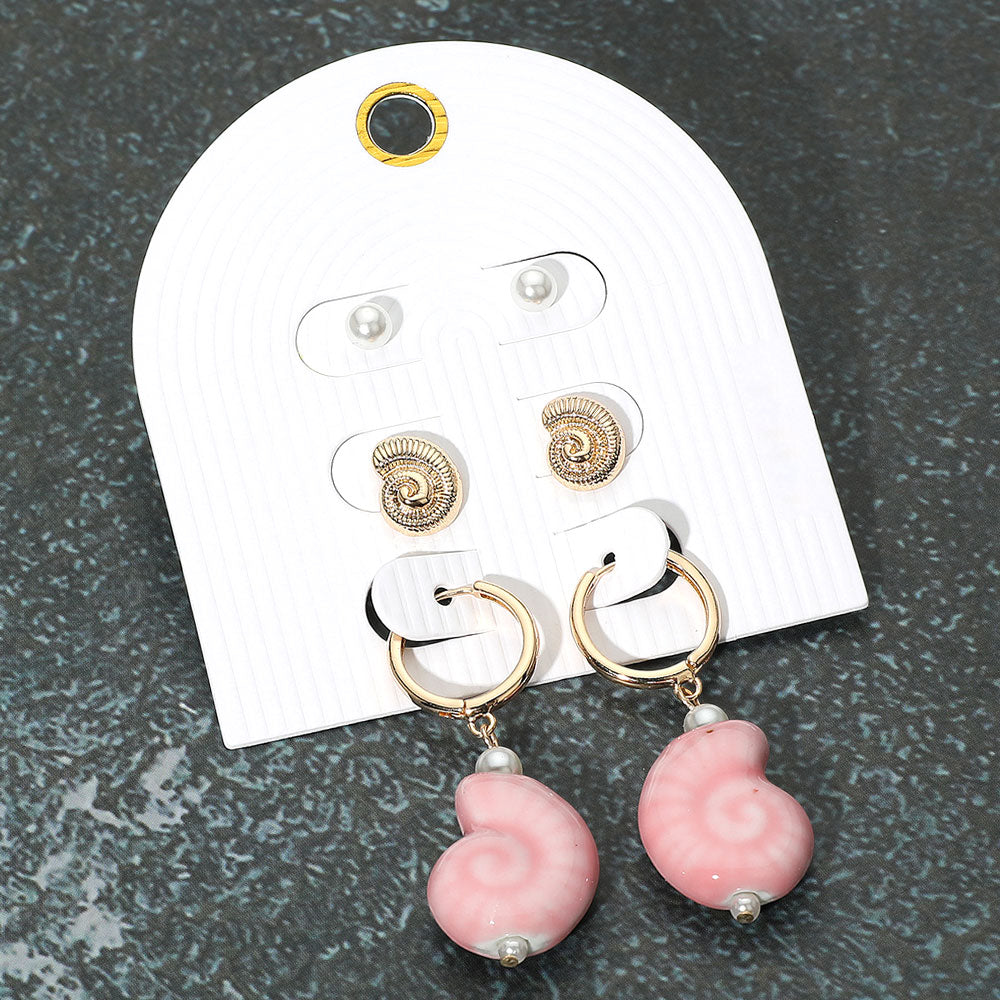 3Pairs - Pearl Metal Swirl Shell Stud Ceramic Dangle Earring Set