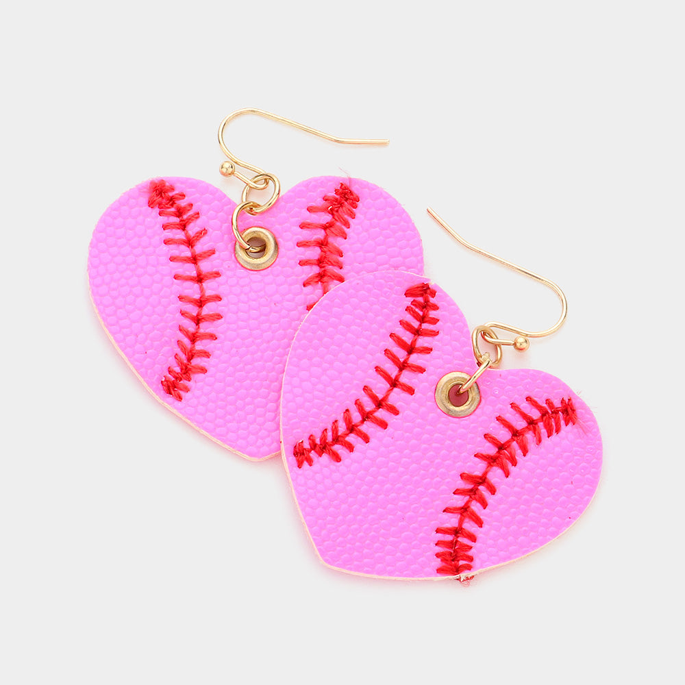 Faux Leather Baseball Heart Dangle Earrings