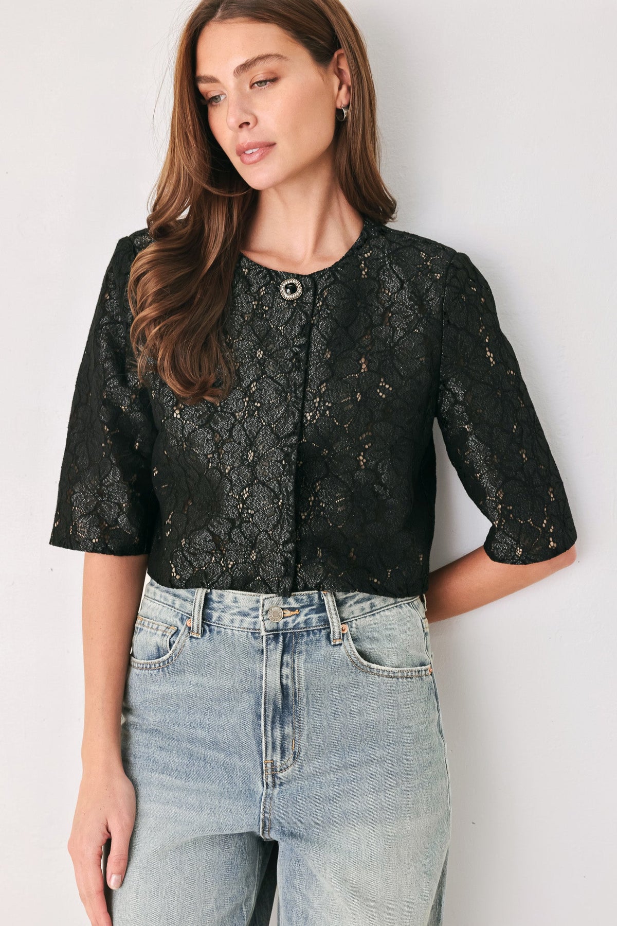 NOIR LACE AFFAIR BLACK/NUDE JEWEL-BUTTON CROPPED JACKET