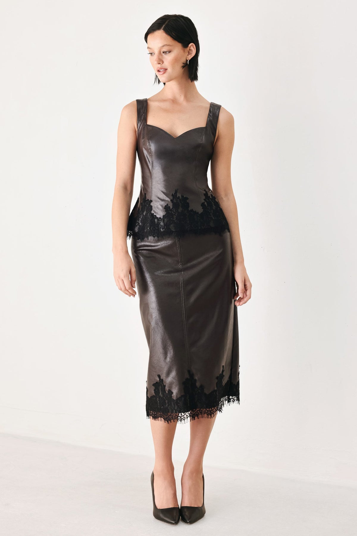 LACE AFTER DARK FAUX LEATHER PENCIL SKIRT
