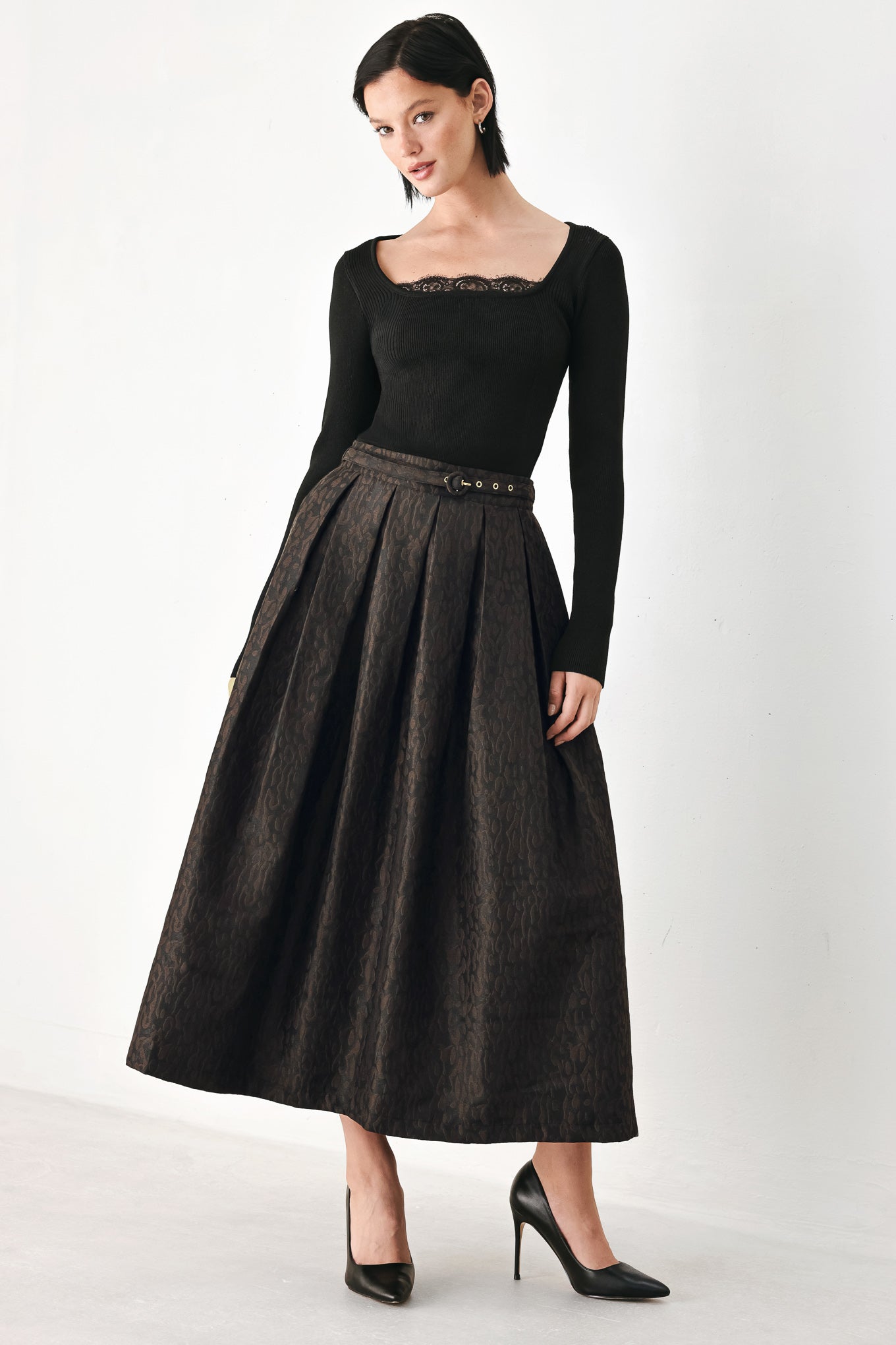 AUTUMN ELEGANCE BROWN TEXTURED BELTED MIDI SKIRT