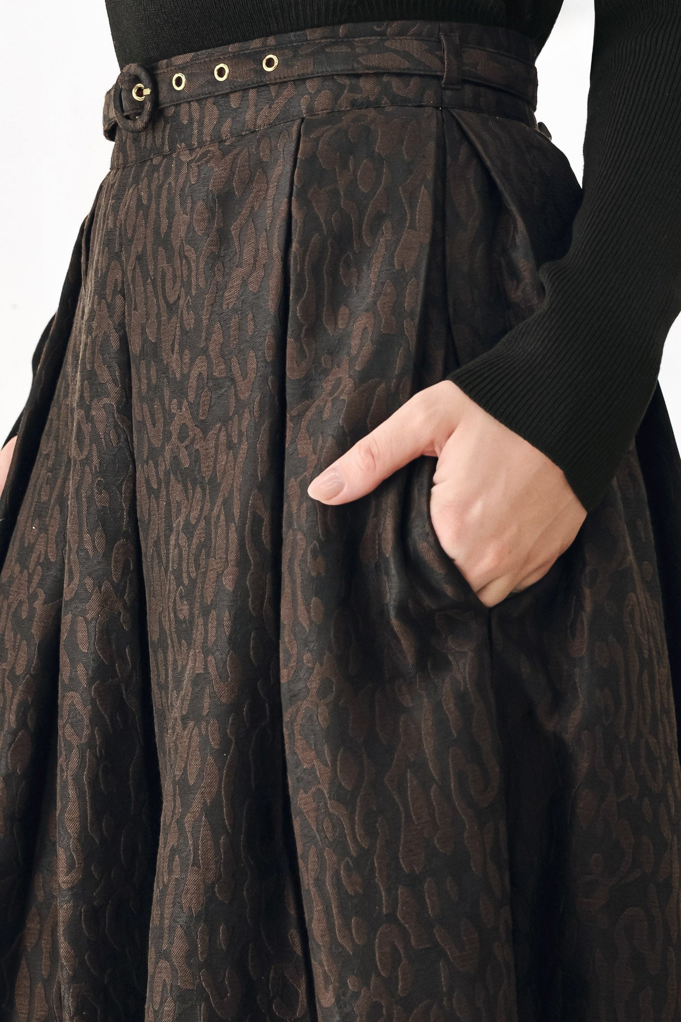 AUTUMN ELEGANCE BROWN TEXTURED BELTED MIDI SKIRT