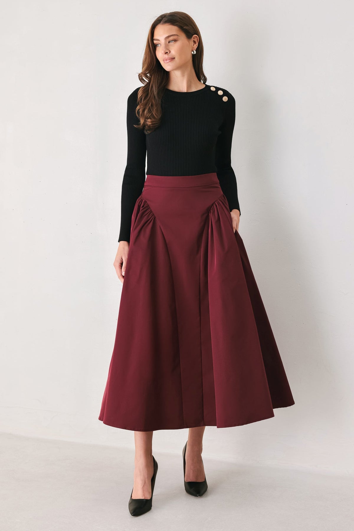 SCULPTED NOIR SHIRRED MIDI SKIRT