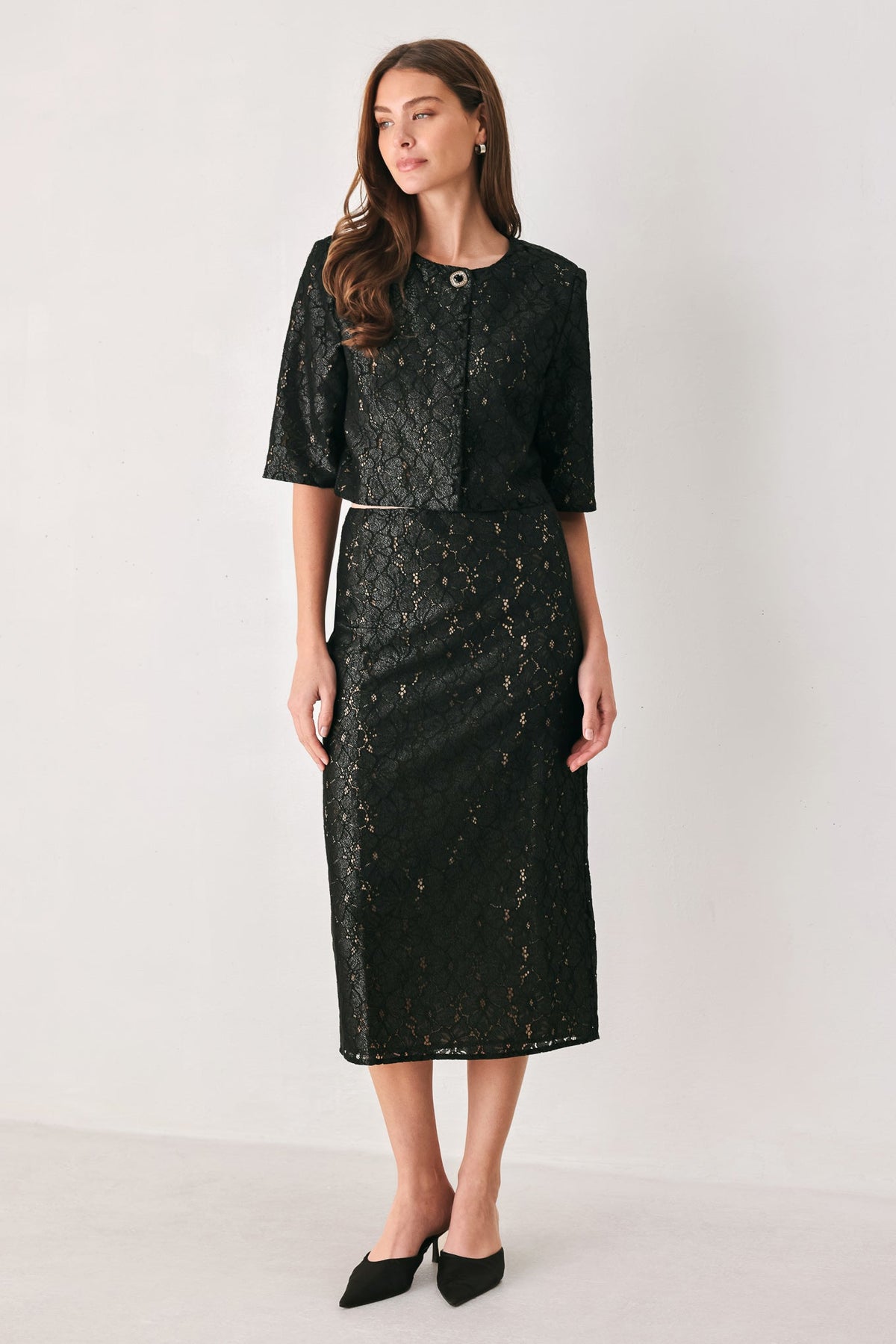 NOIR LACE AFFAIR BLACK/NUDE LACE PENCIL SKIRT
