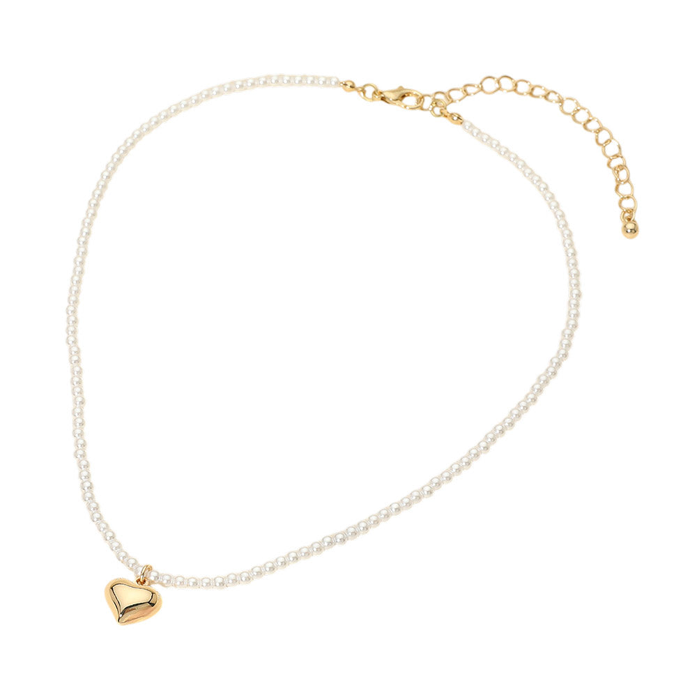 Dainty Heart Pendant Pearl Beaded Chain Necklace