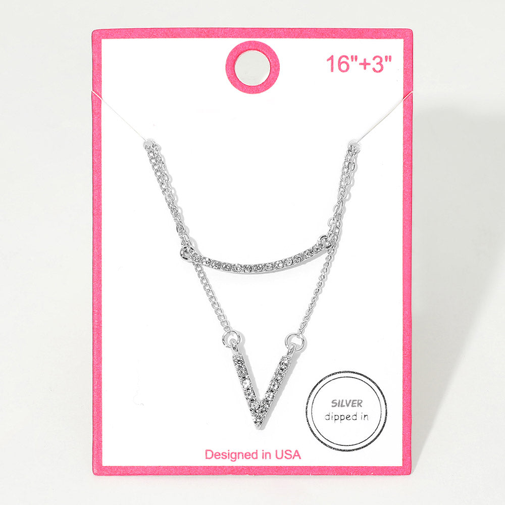 Silver Dipped Rhinestone Pave V Bar Pendant Layered Necklace