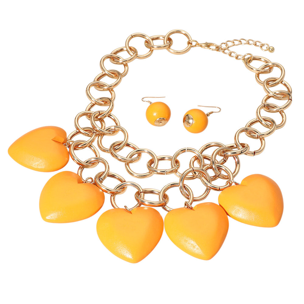 Chunky Wooden Heart Charm Station Layered Chain Necklace