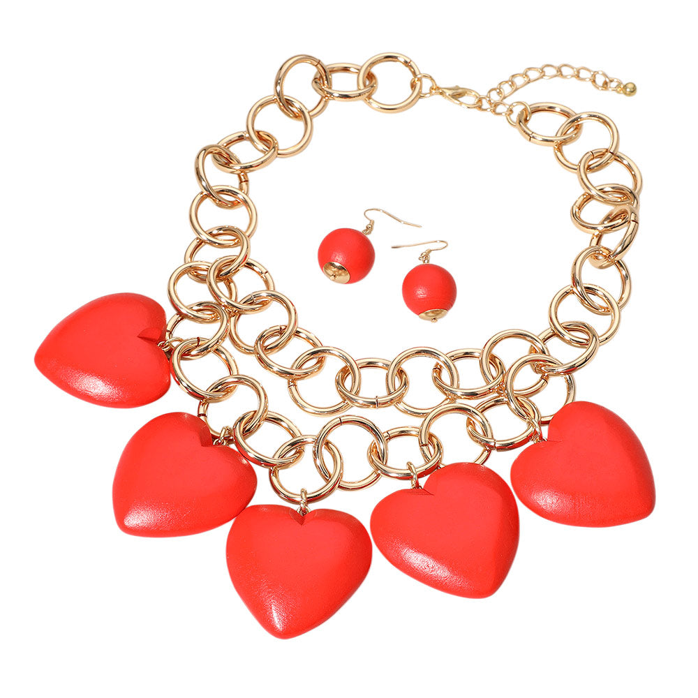 Chunky Wooden Heart Charm Station Layered Chain Necklace