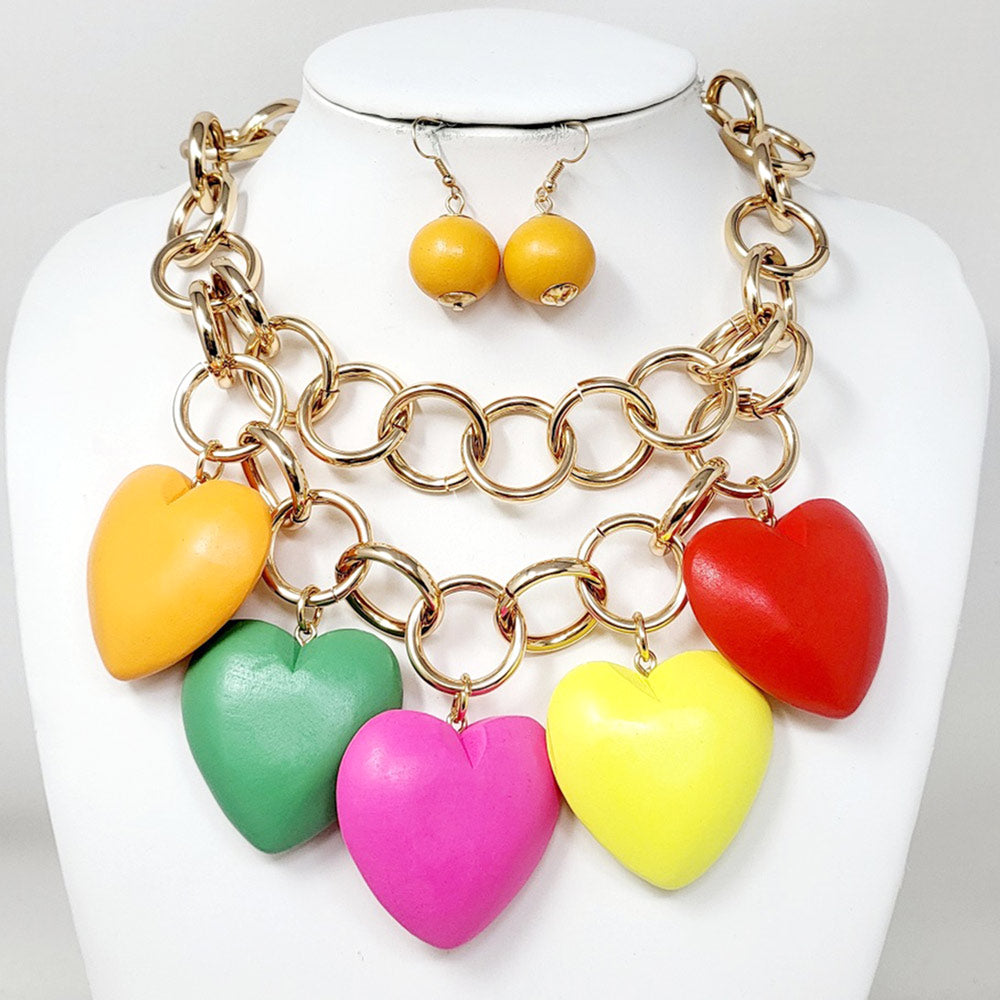 Chunky Wooden Heart Charm Station Layered Chain Necklace