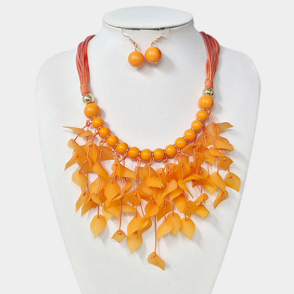 Bold Leaf Fringe Embellished Multi Cord Statement Necklace
