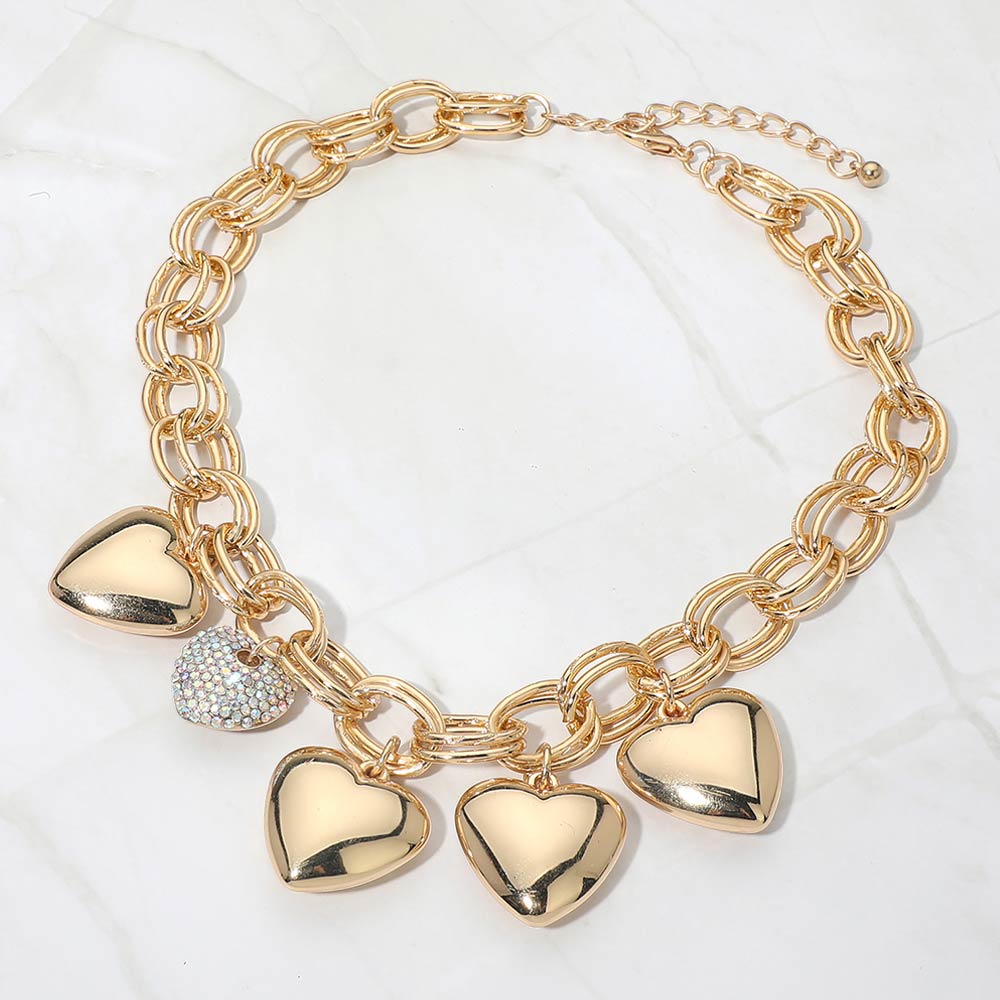 Chunky Heart Charm Embellished Statement Necklace