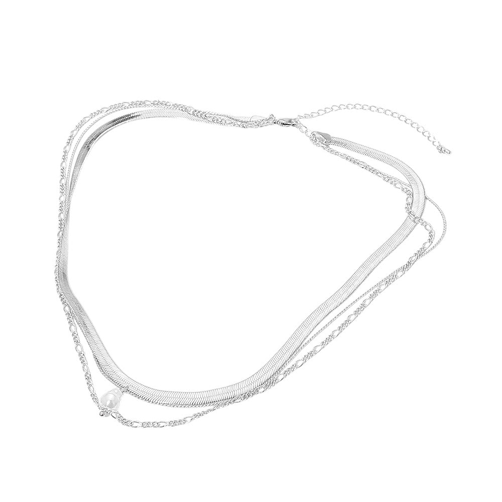 White Gold Dipped Pearl Accent Herringbone Chain Layered Necklace